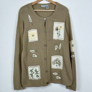 Vintage Womens Grandma Cottage Whimsical Cardigan Sz L Floral Embroidered Button